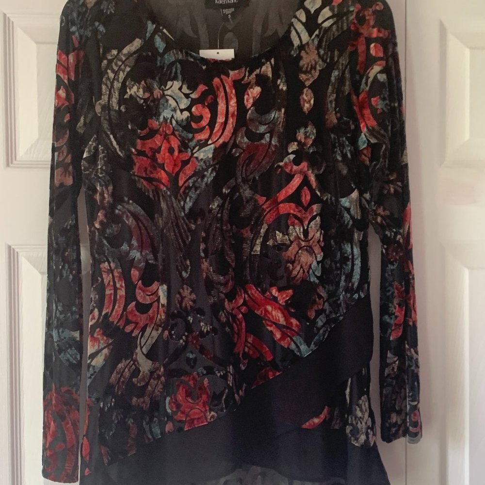 Karen Kane Burned Out Velvet Tunic Blouse Autumn Colors Small